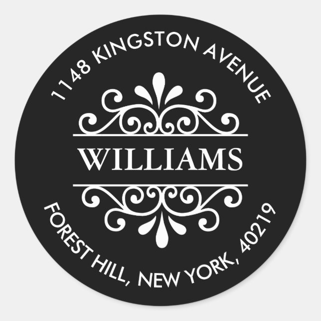 Einfache Verzierte Schwarz-Weiß-Rücksendeadresse Runder Aufkleber (Vorderseite)