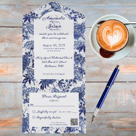 Einfache Vintage Blue Floral QR All In One Einladung