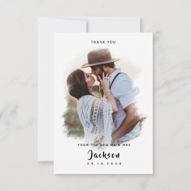 Einfache Vintage Brush mit Foto Hochzeit Dankeskarte (Vorderseite)