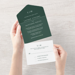 Einfache Waldgrüne Monogram Elegant Hochzeit All In One Einladung