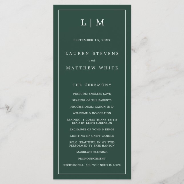 Einfache Waldgrüne Monogram Elegant Hochzeit Programm (Vorderseite)