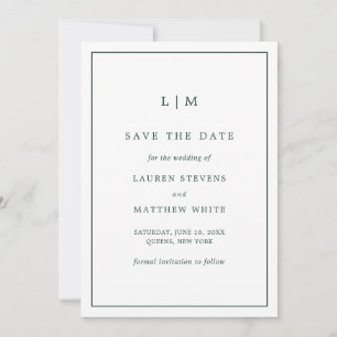 Einfache Waldgrüne Monogram Elegant Hochzeit Save The Date