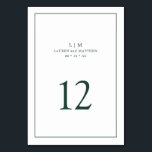 Einfache Waldgrüne Monogram Elegant Hochzeit Tischnummer<br><div class="desc">Einfache Hochzeitsfeier mit modernem und dennoch elegantem Design mit zwei Buchstaben Monogramm und Tischnummer, umgeben von einer dünnen Grenze. Alle Designelemente sind grün über einem weißen Hintergrund und können in eine beliebige Farbe des Designbearbeitungstools umgewandelt werden. Ein elegantes und stilvolles Design, das sich ideal für ein minimalistisches Paar eignet. Fügen...</div>