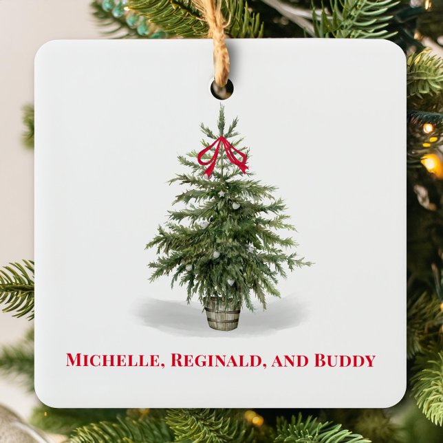 Einfache Wasserfarbe Foto Weihnachtsbaum Keramikornament (Watercolor Christmas Tree holiday photo ornament. )