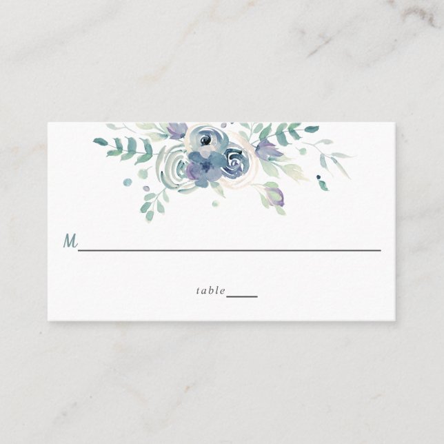 Einfache Wasserfarbe Lila Blue Gray Blume Hochzeit Platzkarte (Vorderseite)
