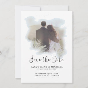 Einfache Wasserfarbe Modern Script Palm Foto Blau Save The Date