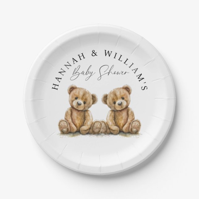 Einfache Wasserfarbe Teddy Bär Twins Baby Dusche Pappteller (Vorderseite)