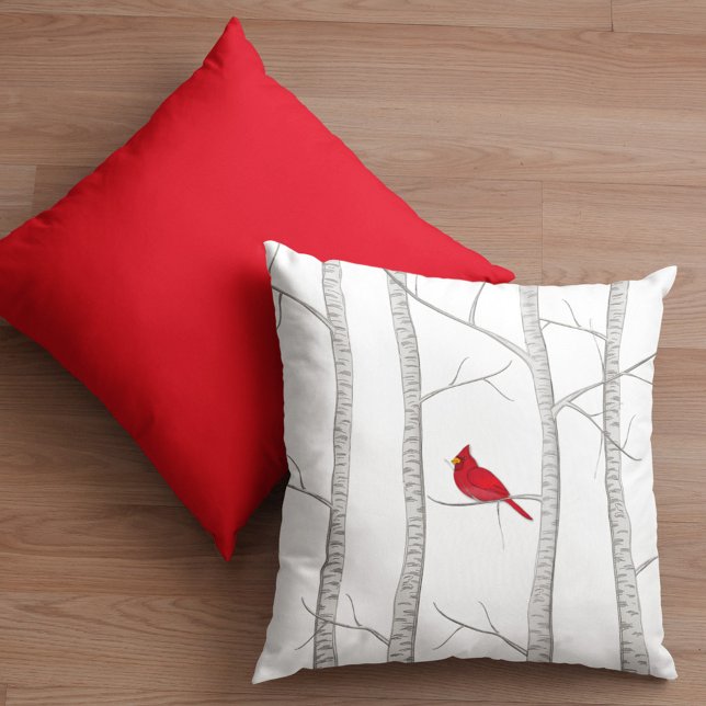 Einfache Wasserfarbe Waldland Roter Kardinal Birch Kissen (Simple red  cardinal with birch tree throw pillow)
