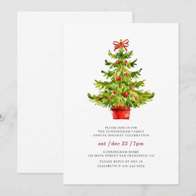 Einfache Wasserfarbe Weihnachtsbaum Einladung (Vorne/Hinten)