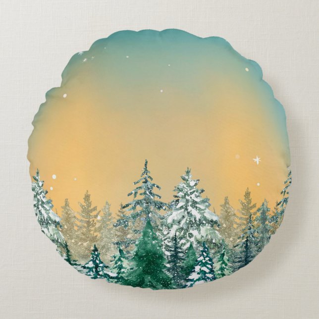 Einfache Wasserfarbe Wilde Weihnachten Pinien Baum Rundes Kissen (Vorderseite)