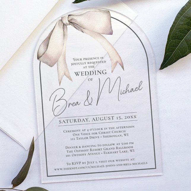 Einfache Wasserfarben Bow Elegante Grau Hochzeit Acryleinladungen (Vintage watercolor white bow simple elegant script typography arch acrylic unique wedding invitation)