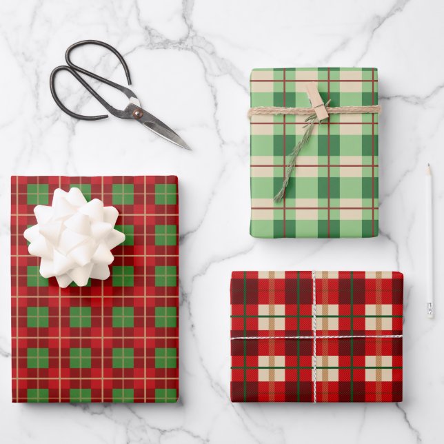 Einfache Weihnachten Kariert rot und grün kariert Geschenkpapier Set (Vorderseite)
