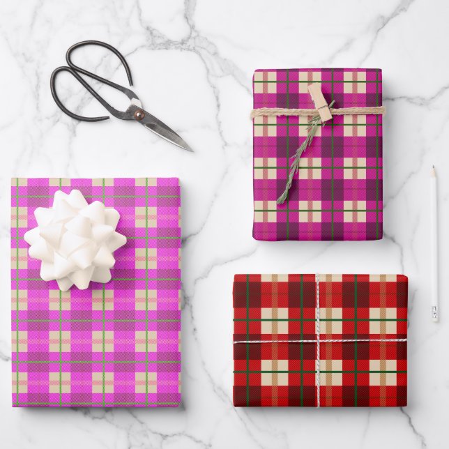 Einfache Weihnachten Kariert Rot und Rosa Checked Geschenkpapier Set (Vorderseite)