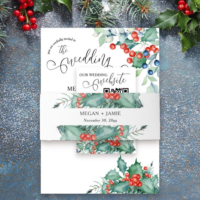 Einfache Weihnachts- und Berries-Winter-Hochzeit Einladungsbanderole (Simple elegant winter wedding invitation belly band with watercolor holly and berries.)