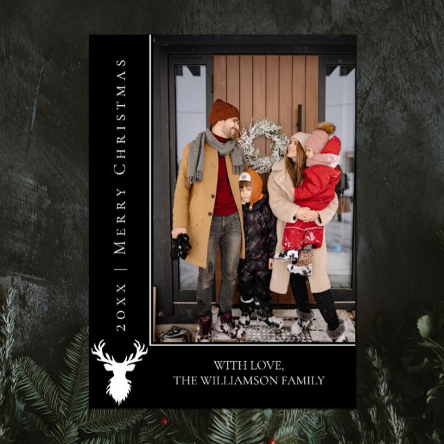 Einfache Weihnachts-Weihnachtskarte für Reinder |  Feiertagskarte (Black Simple Reindeer Christmas Photo Card)