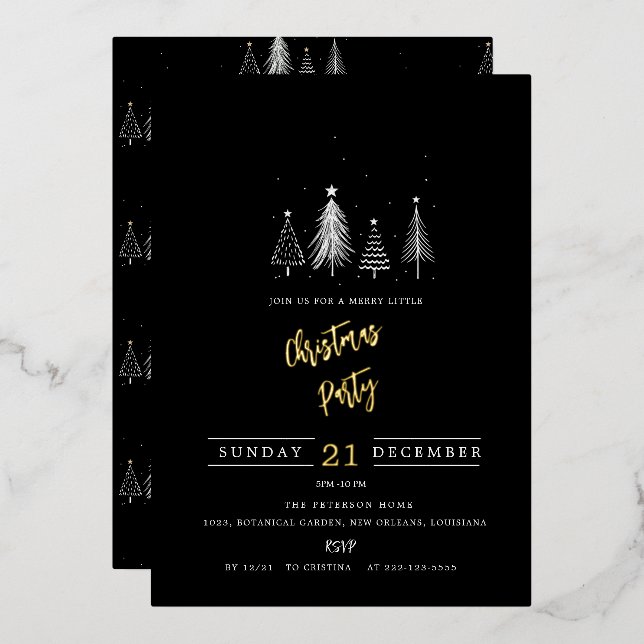 Einfache Weihnachtsbaume | Schwarzes Weihnachtsgeb Folieneinladung (Vorderseite/Rückseite)