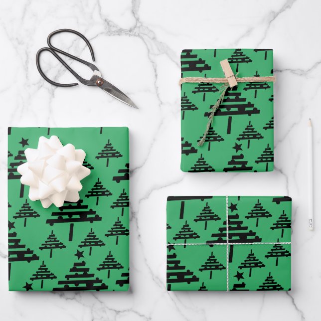 Einfache Weihnachtsbaummuster Schwarz Grüne Feiert Geschenkpapier Set (Vorderseite)