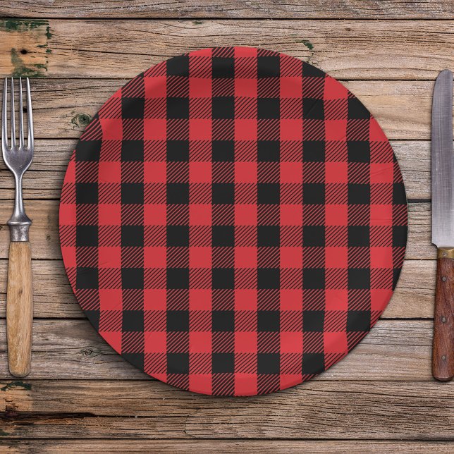 Einfache Weihnachtsfeiertage Buffalo Karo Pattern Pappteller (Simple rustic red and black buffalo check pattern minimalist paper plate. )