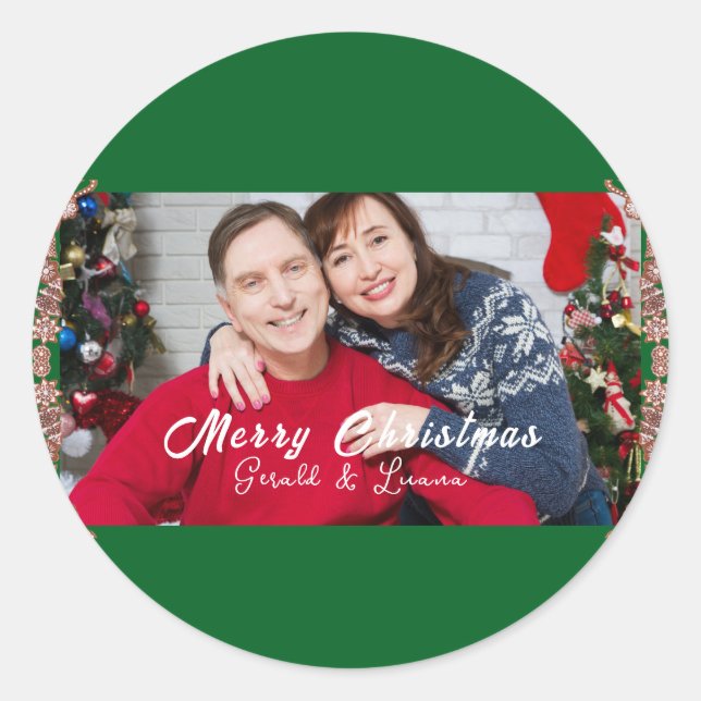 Einfache Weihnachtsrahmen Foto grün Runder Aufkleber (Vorderseite)
