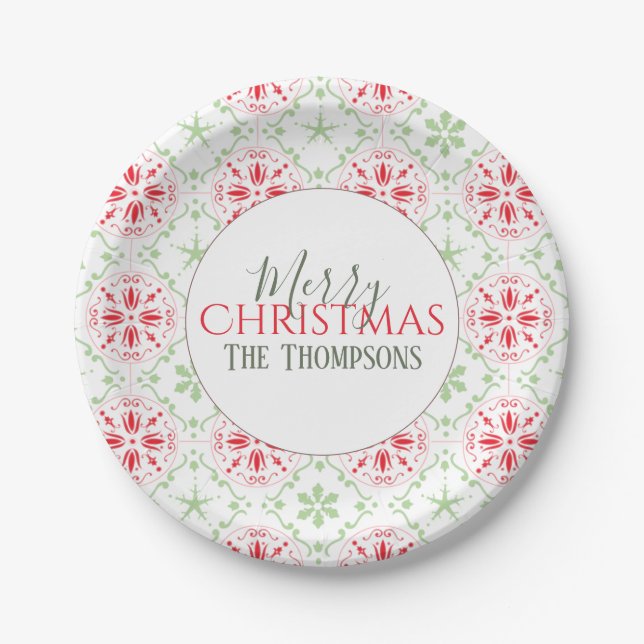Einfache Weihnachtsrot und grüne Niedliche Schneef Pappteller (Vorderseite)