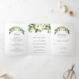 Einfache Weiße Florale Elegante Hochzeit Dreifach Gefaltete Einladung