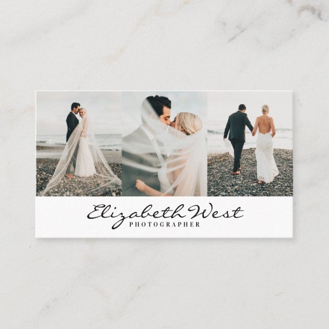 Einfache weiße Fotografie, trendy Foto Kalligraphi Visitenkarte (Vorderseite)