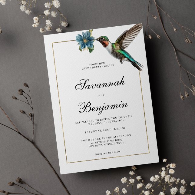 Einfache, weiße goldfarbene Kolibris-Hochzeit Einladung (Simple white gold colorful hummingbird wedding)
