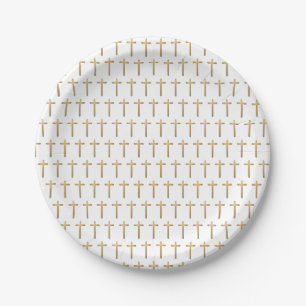 Einfache weiße Goldkreuz-Muster Baby-Taufe Pappteller