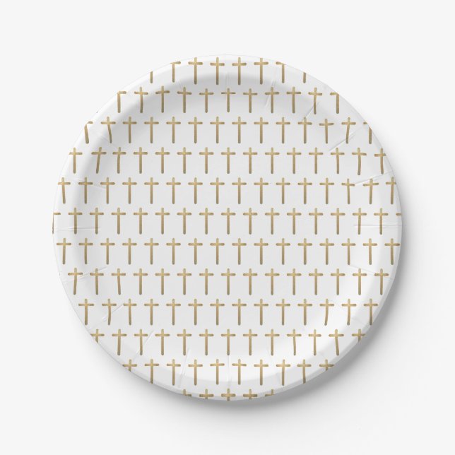 Einfache weiße Goldkreuz-Muster Baby-Taufe Pappteller (Vorderseite)