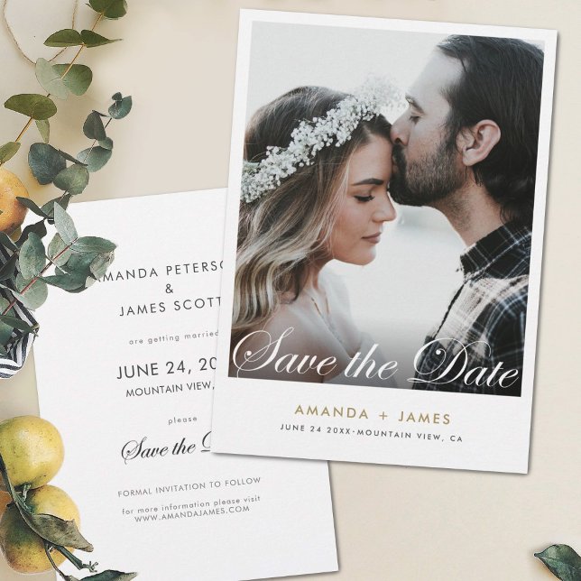 Einfache weiße Grenze Elegantes Skript-Foto Save The Date (Von Creator hochgeladen)