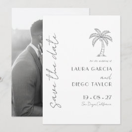 Einfache weiße Hochzeit mit Palme Save The Date