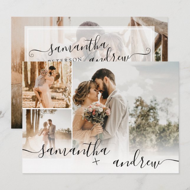 Einfache weiße Minimalschrift 4 Fotos Hochzeit Einladung (Vorne/Hinten)