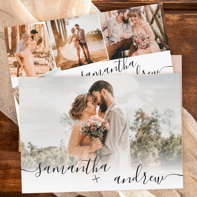 Einfache weiße Minimalschrift 5 Fotos Hochzeit Einladung (Von Creator hochgeladen)