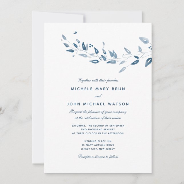 Einfache, weiße Navy-Blue-Blätter zum Hochzeitsemp Einladung (Vorderseite)