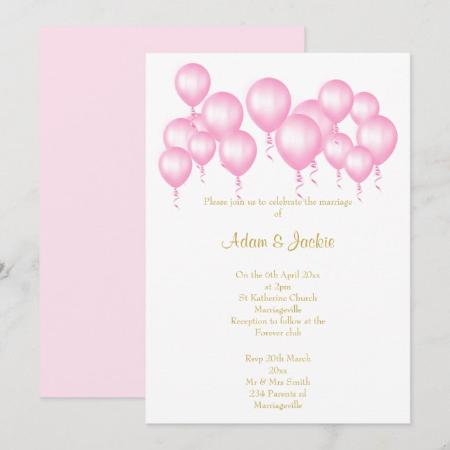 EINFACHE WEISSE PINKBALONS WEDEN EINLADUNG (Vorne/Hinten)