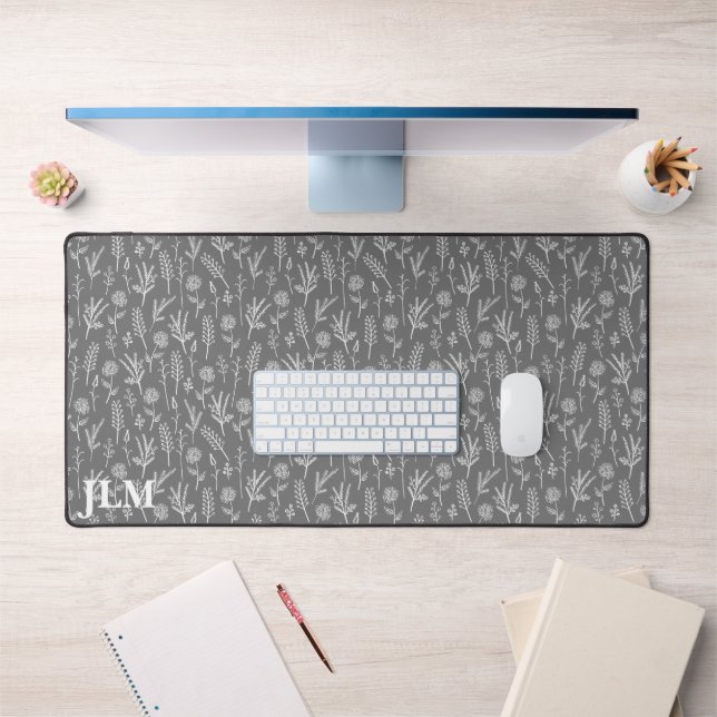 Einfache weiße Twigs auf grauem Monogramm Schreibtischunterlage (Büro 1)