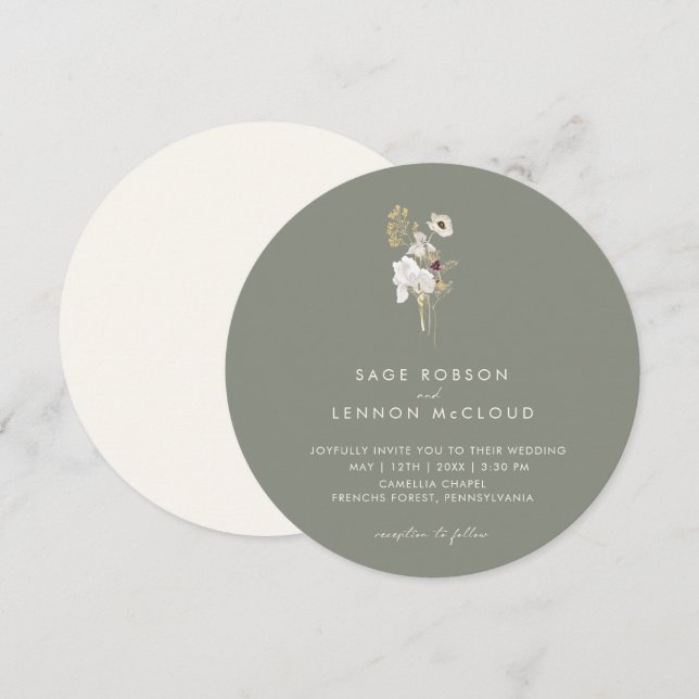 Einfache Whimsikische Wildblume | Sage Green Circl Einladung (Vorne/Hinten)