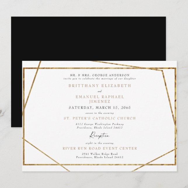 Einfache White Black & Gold Geometric Wedding Einladung (Vorne/Hinten)