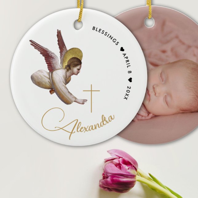 Einfache White Gold Angel Bless Taufkalligraphie Keramik Ornament (Von Creator hochgeladen)