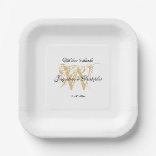 Einfache White Gold Chic Hochzeit Elegantes Monogr Pappteller