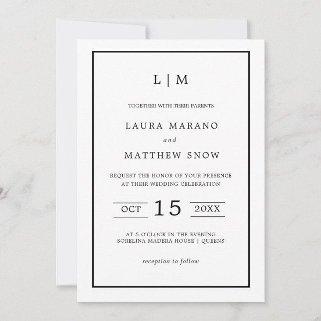 Einfache White Monogram Moderne Hochzeit Einladung (Vorderseite)