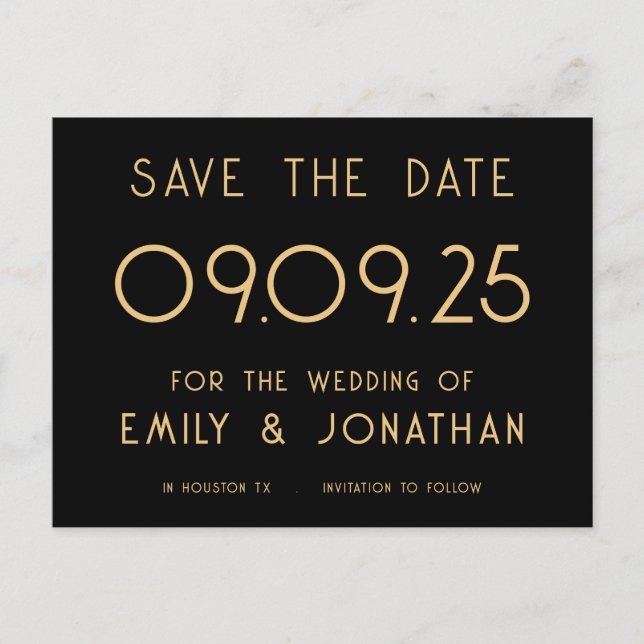 Einfache White Typografy Gold Black Wedding Ankündigungspostkarte (Vorderseite)