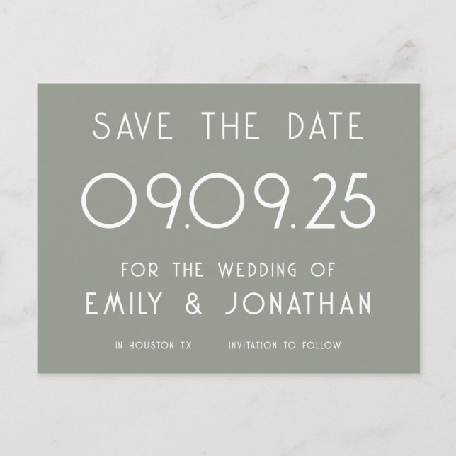 Einfache White Typografy Sage Green Wedding Ankündigungspostkarte (Vorderseite)