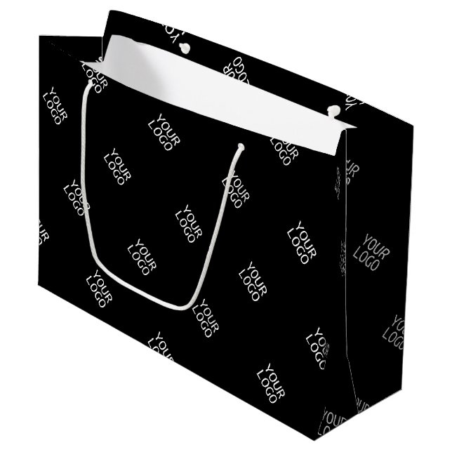 Einfache Wiederholung des Logo-Musters | Schwarz Große Geschenktüte (Vorderseite Schrägansicht)