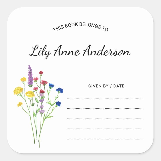 Einfache Wildblume Baby Dusche Buchzeichen Aufkleb Quadratischer Aufkleber (Vorderseite)