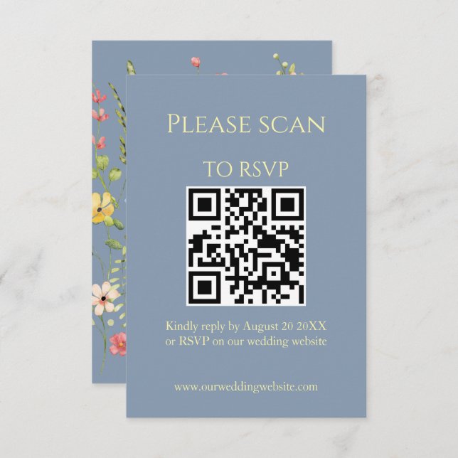 Einfache Wildblume Blue QR Code & UAWG Wedding Begleitkarte (Vorne/Hinten)
