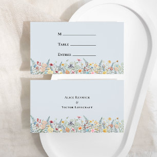 Einfache Wildblume Dusty Blue Wedding Menu Flat Platzkarte