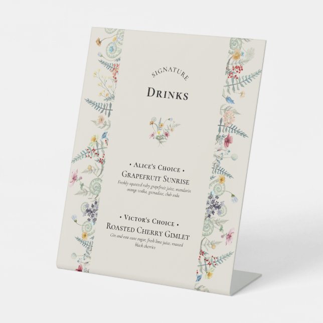 Einfache Wildblume Fern Hochzeit Signature Drinks Sockelschild (Vorderseite)