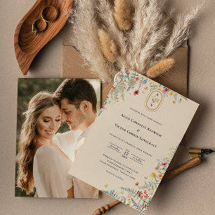 Einfache Wildblume Fern Wedding Monogram Foto Einladung