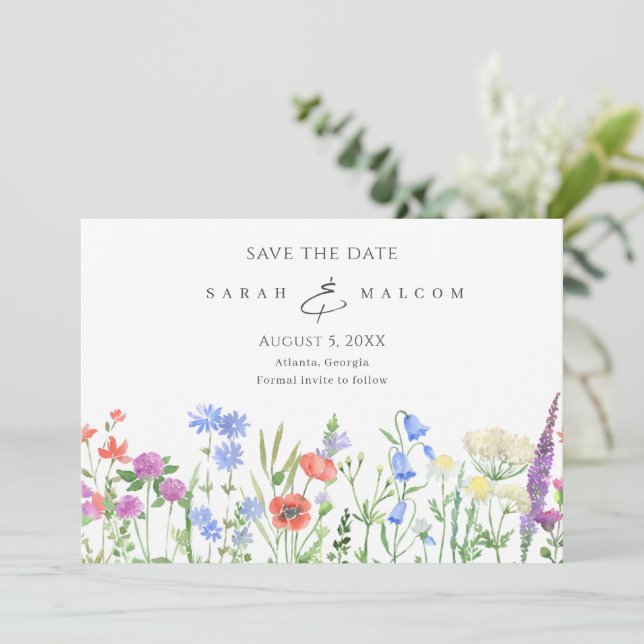 Einfache Wildblume Foto Hochzeit speichern das Dat Save The Date (Stehend Vorderseite)